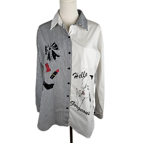 Frank Lyman Design Collection Shirt Medium Striped Woman Illustration Artsy B&W - Picture 5 of 12